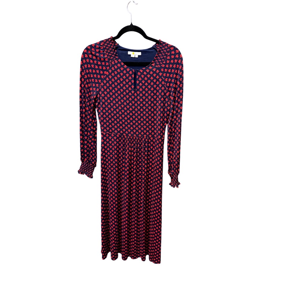 Boden Navy Red Floral Smocked Jersey Midi Dress Long Sleeve US 4R